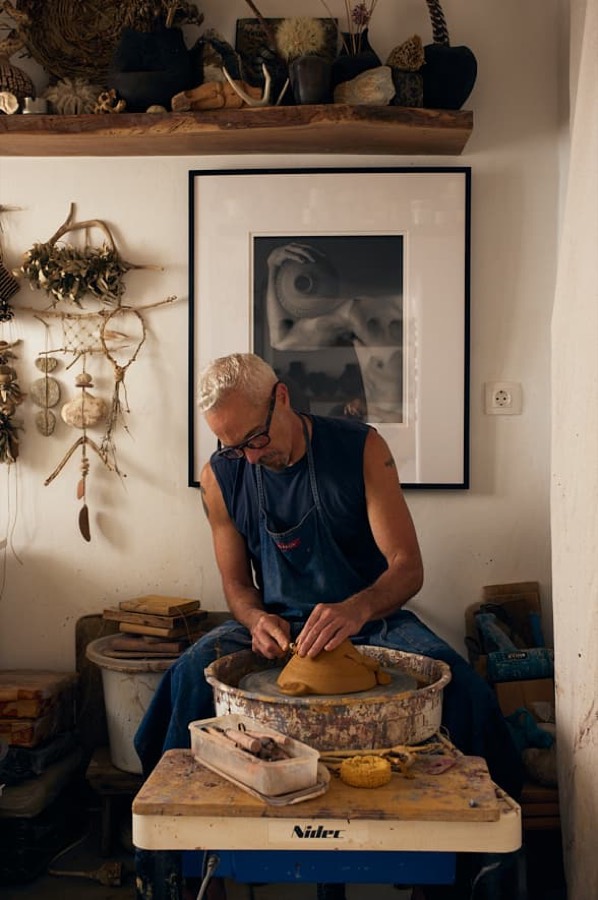 Todd Marshard in his Lefkes ceramics studio, featured by Meltem Blue